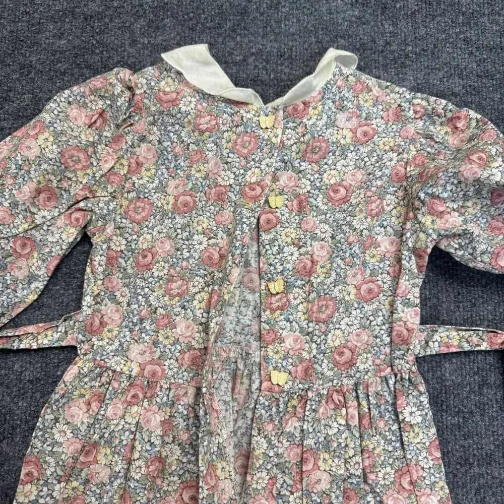 Vintage Colonial Prairie Peasant 70s 80s Girls Dress Floral Long Sleeve Sz 1 USA